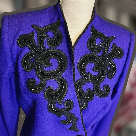 John Meyer of Norwich Vintage Indigo Purple & Black Brocade Sequin Wool Blazer - Picture 4 of 16